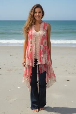Origami Pink Daisy Hi-Lo Cardigan Small